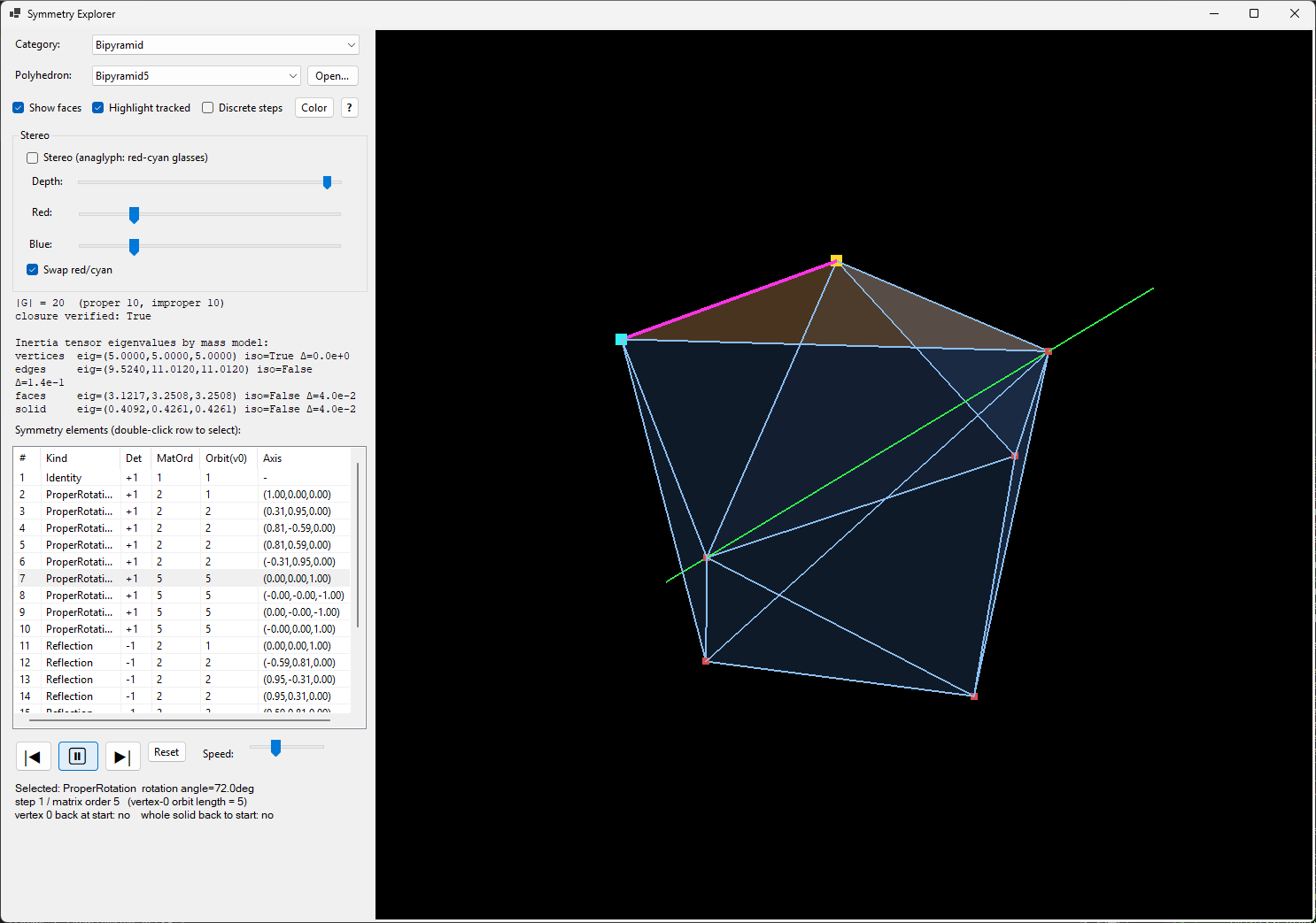 Symmetry Explorer mostrando una bipirámide pentagonal con un eje de giro